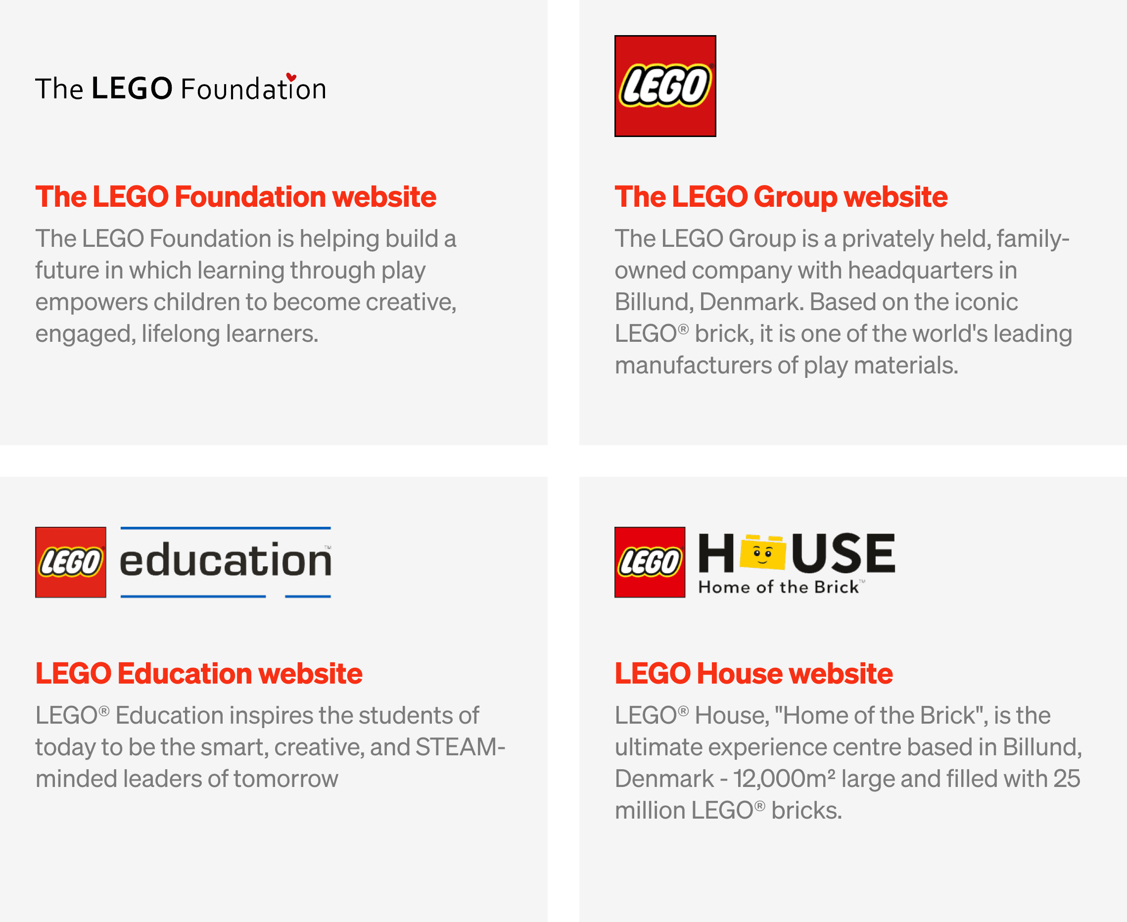 four different lego ecosystems - lego foundation, lego group, lego education and lego house