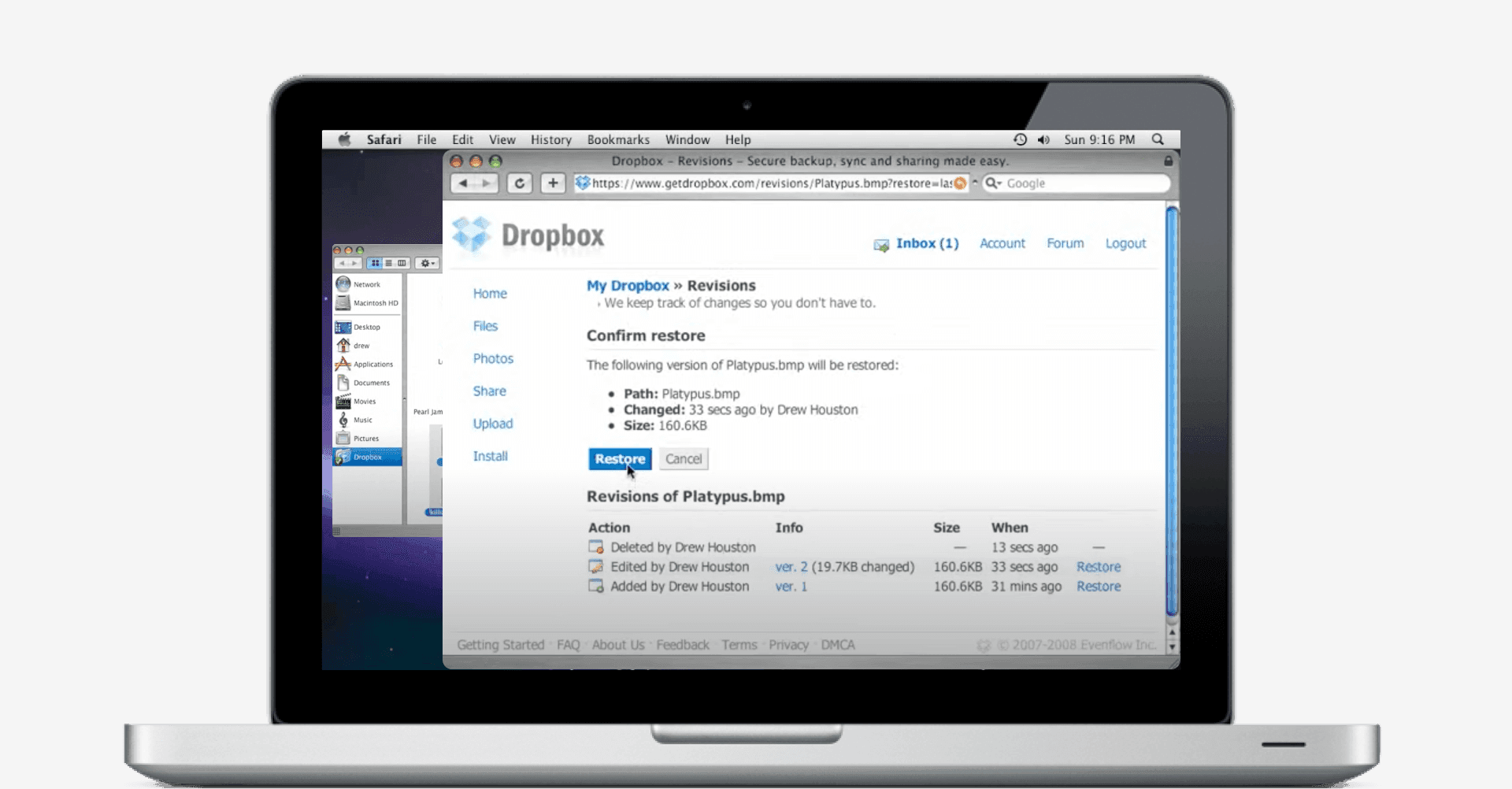 Laptop with the original Dropbox MVP in use