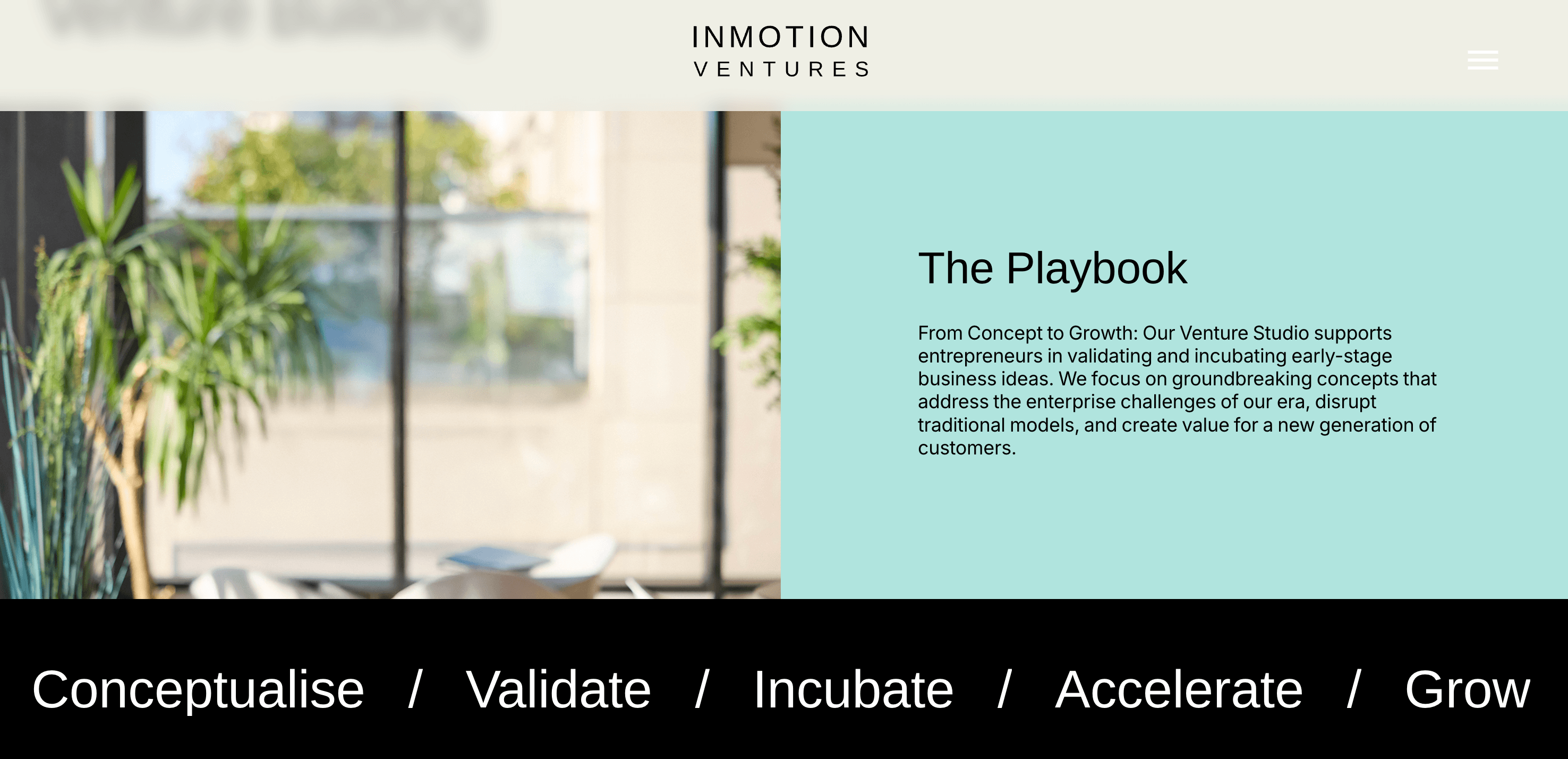 InMotion Ventures venture studio playbook by Jaguar Land Rover highlighting startup phases: Conceptualise, Validate, Incubate, Accelerate, Grow.