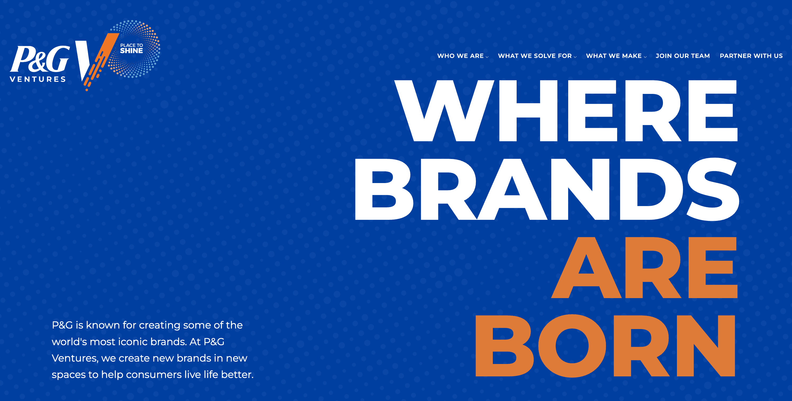 P&G Ventures banner with slogan 'Where Brands Are Born', representing P&G’s corporate venture studio focused on consumer innovation.