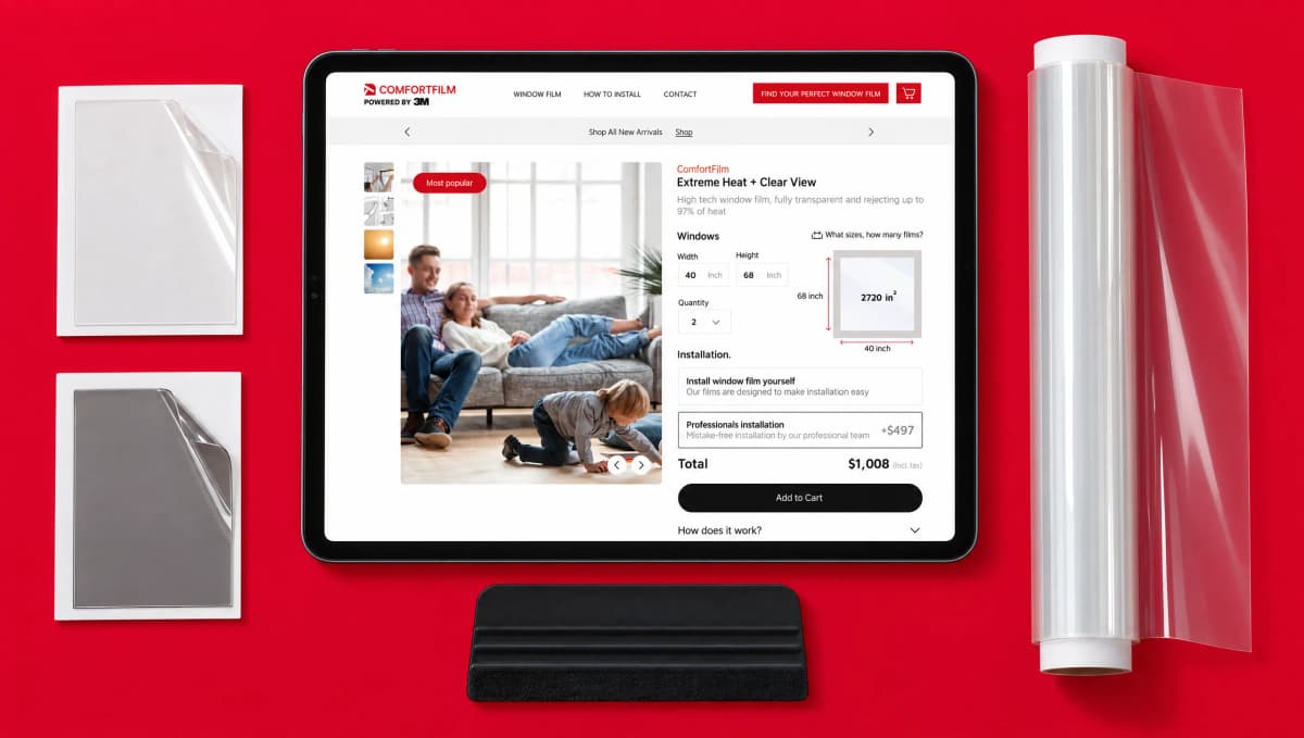 Flat lay on 3M red: the ComfortFilm product page on an iPad, a film roll, a squeegee and two film swatches