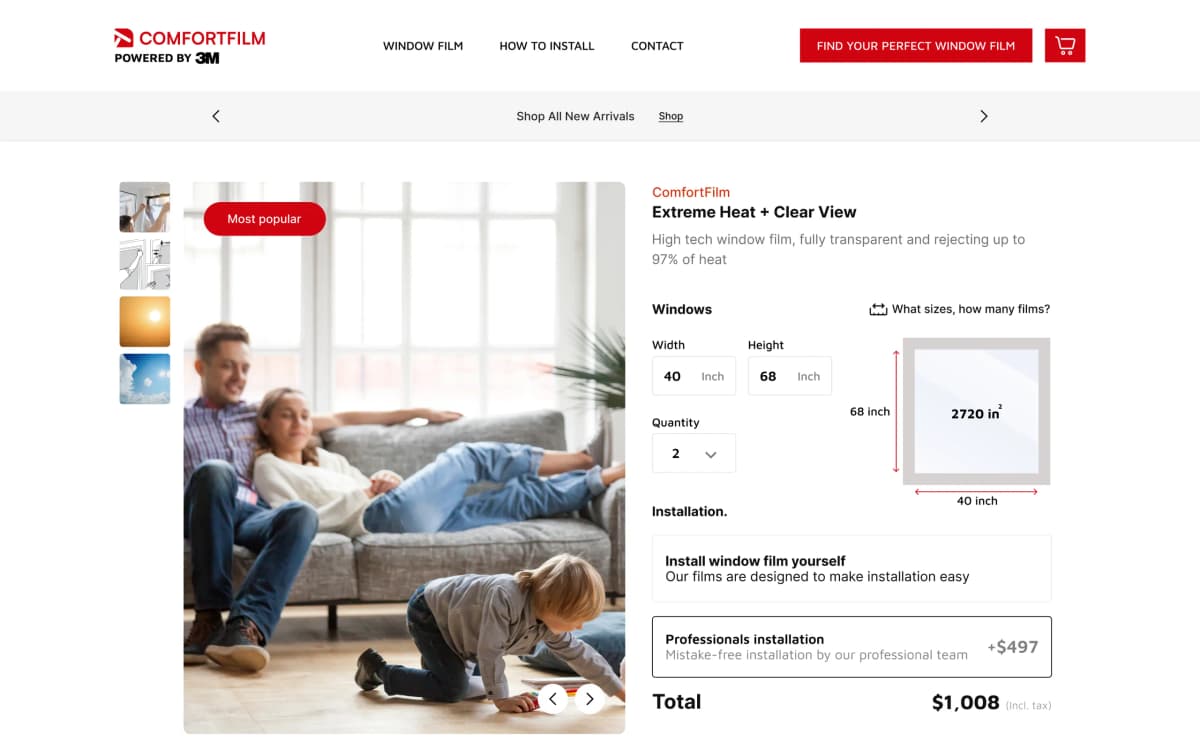 The ComfortFilm Extreme Heat plus Clear View product page with the window sizer and installation options