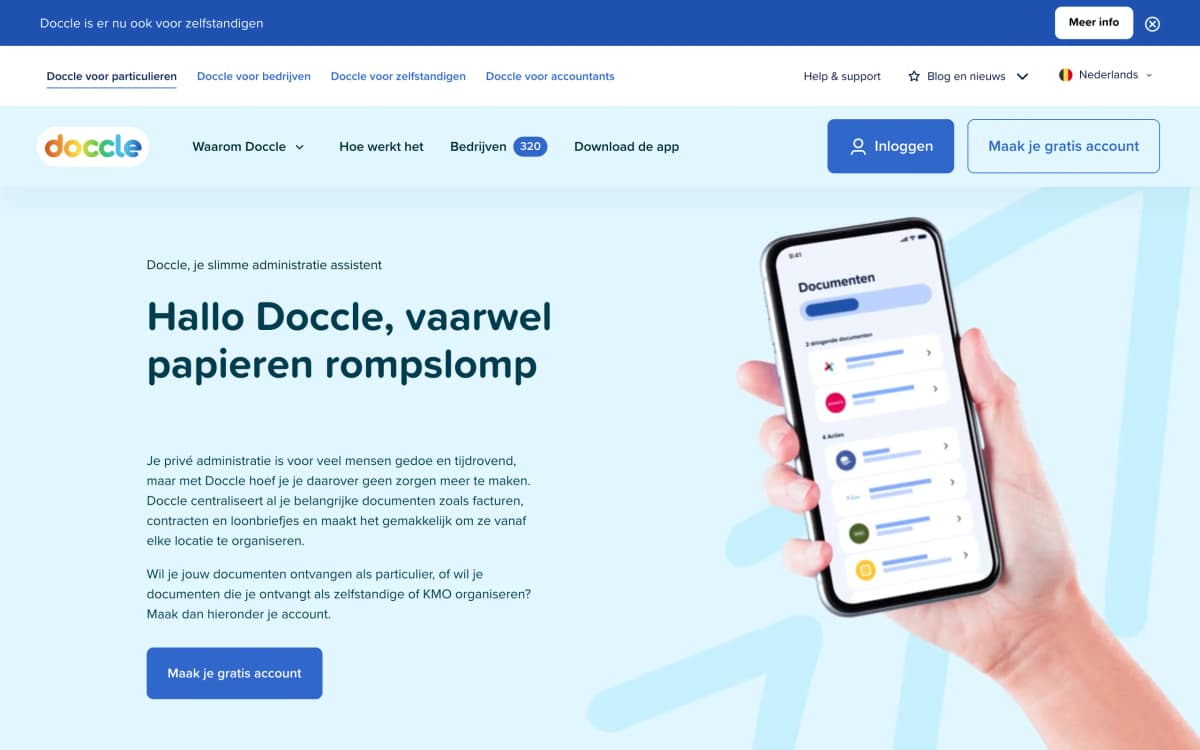 The doccle.be home page: Hallo Doccle, vaarwel papieren rompslomp, with a hand holding the Doccle app