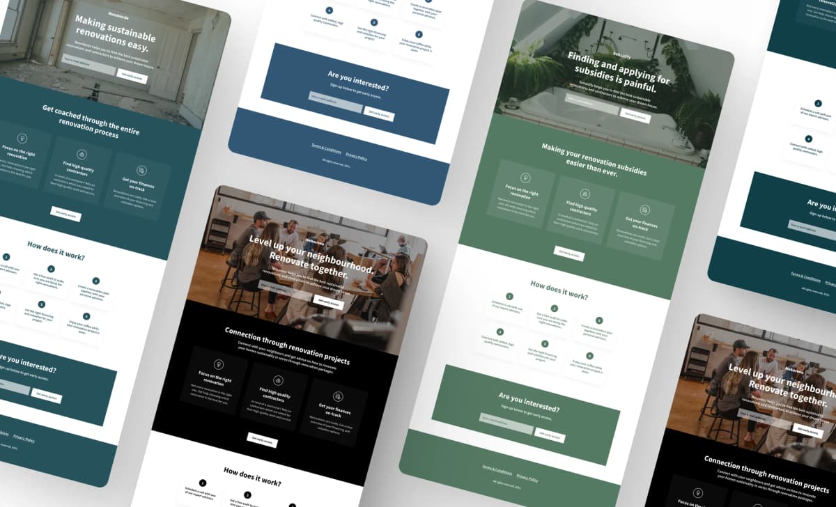 Five Galp concept landing pages fanned out on white