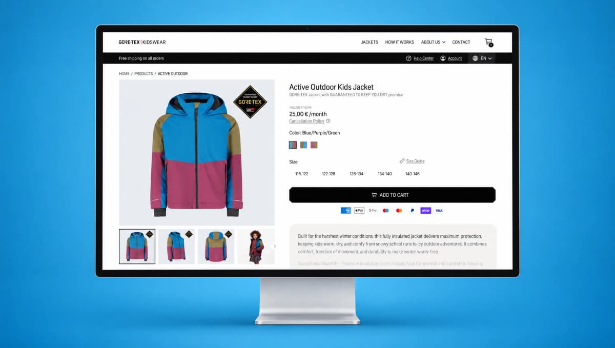 The Active Outdoor Kids Jacket product page, with its monthly subscription price, on a Studio Display