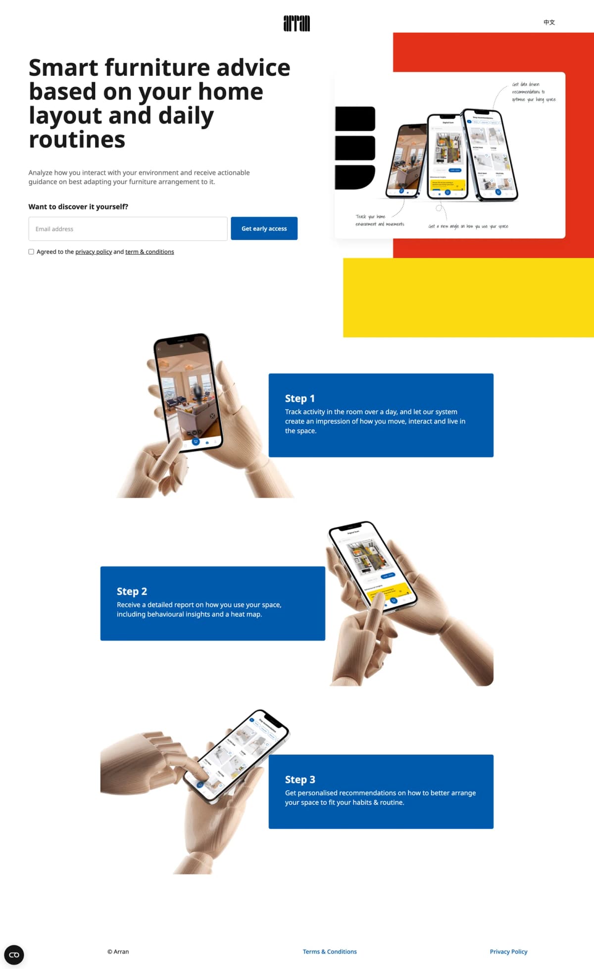 Arran test landing page for Hong Kong: smart furniture advice based on your home layout and daily routines, explained in three steps