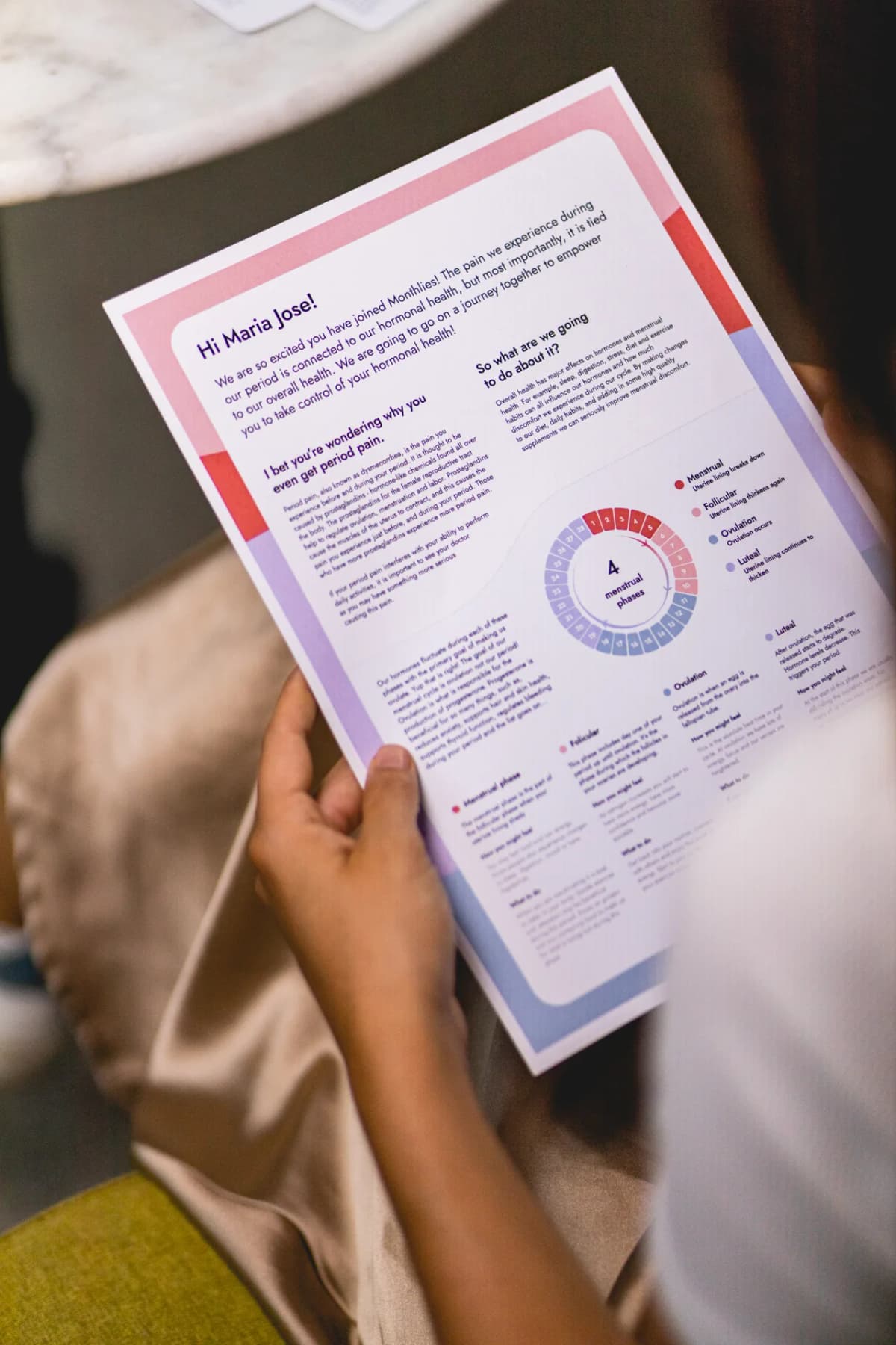 A customer reading her personal Monthlies cycle report with the four menstrual phases