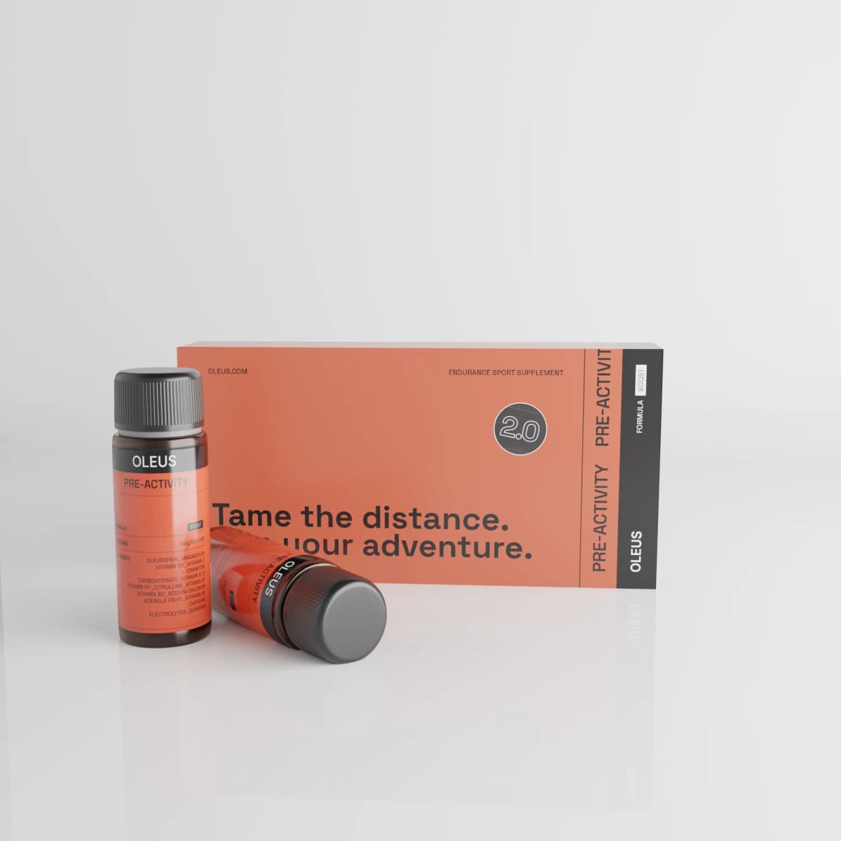 OLEUS Pre-Activity 2.0 box with two bottles on a white studio floor