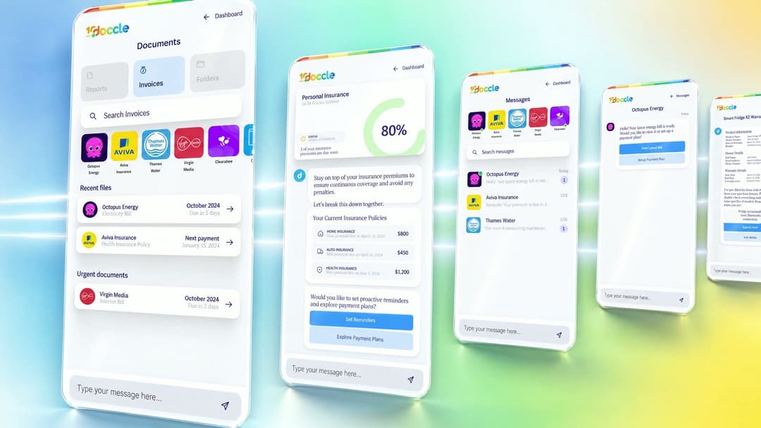 Doccle app screens on a colourful background