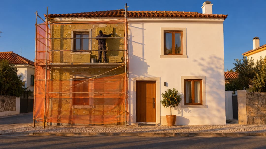 A house under renovation, one half scaffolded and insulated
